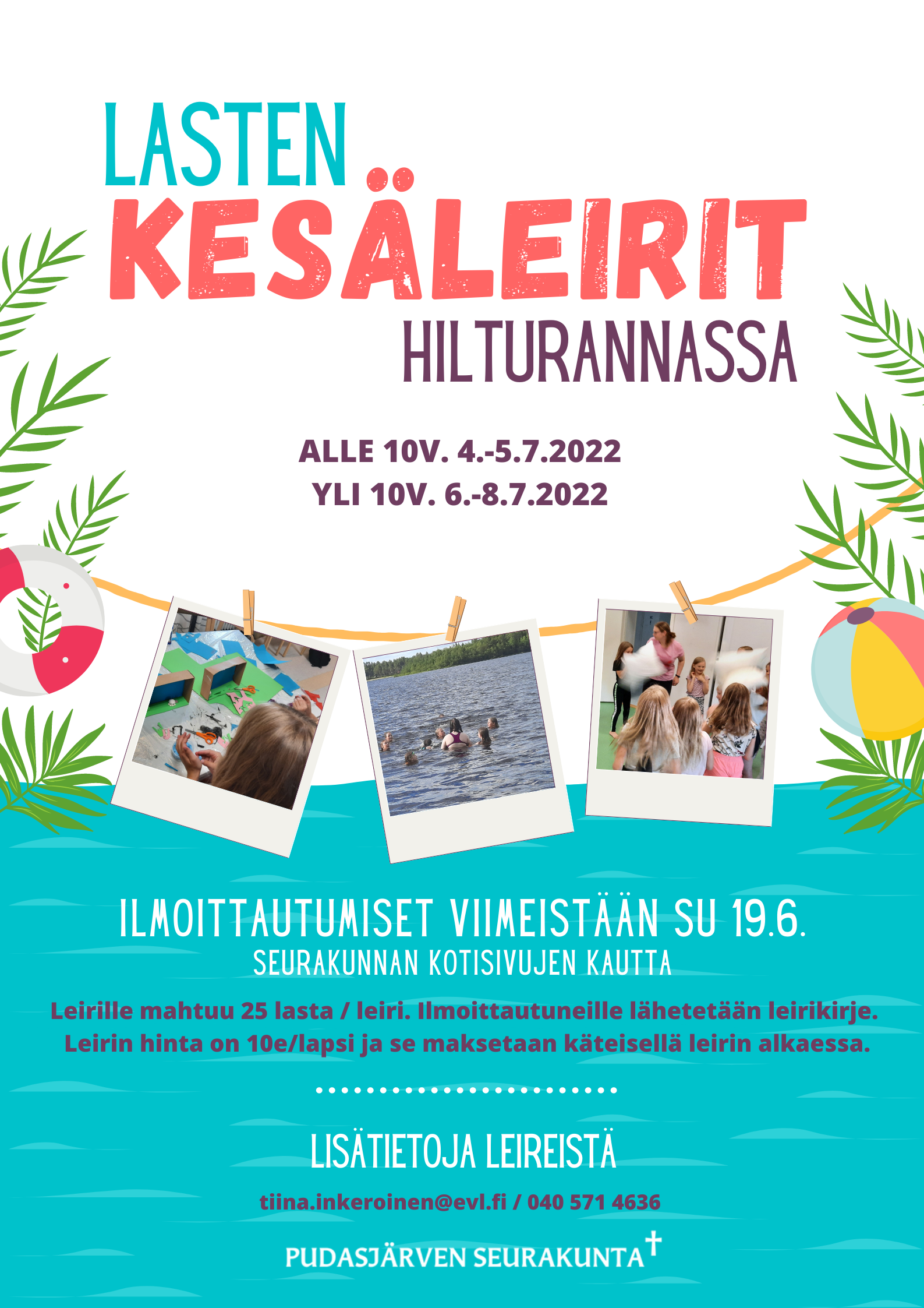 Kuvassa värillisellä taustalla leirin tiedot ja ilmoittautumisohjeet